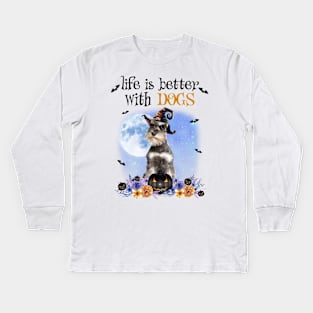 Grey Miniature Schnauzer Witch Hat Life Is Better With Dogs Kids Long Sleeve T-Shirt